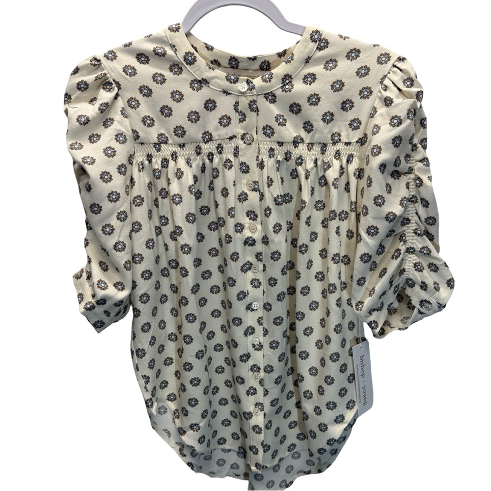 Bishop + Young‎ Rachel Ruched Sleeve Mosaic Blouse Cream Blue Size S